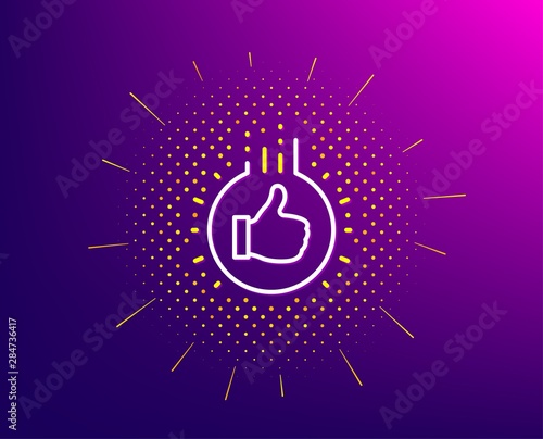 Like hand line icon. Halftone pattern. Thumbs up finger sign. Brand ambassador gesture symbol. Gradient background. Like hand line icon. Yellow halftone pattern. Vector
