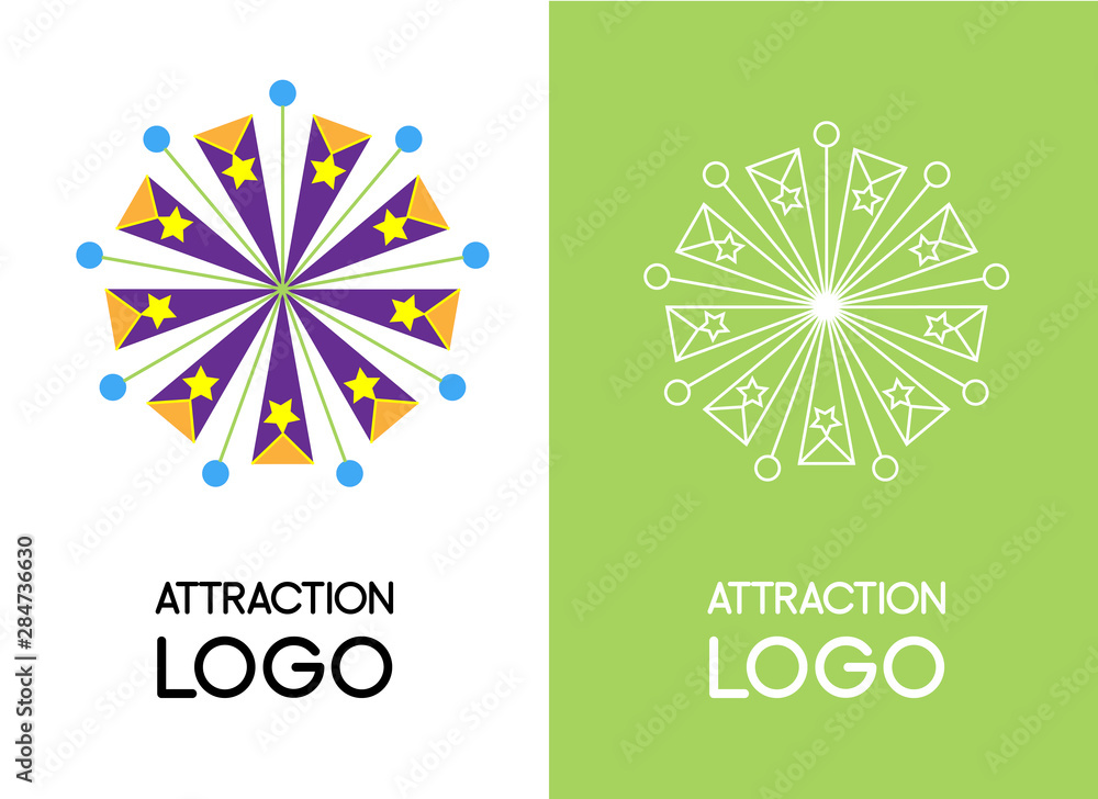 Original fun logos. Set of two vector illustrations, white linear and colored flat. Usable for fairy, festival, circus or amusement park emblem Original fun logos. Set of two vector illustrations, white linear and colored flat. Usable for fairy, festival, circus or amusement park emblem