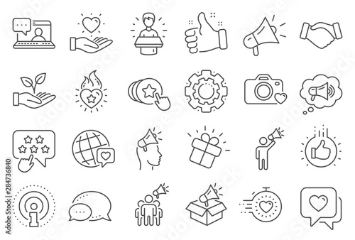 Brand ambassador line icons. Influence people, Megaphone and Representative. Handshake, influencer marketing person, social media like icons. Ambassador person. Brand pr. Line signs set. Vector