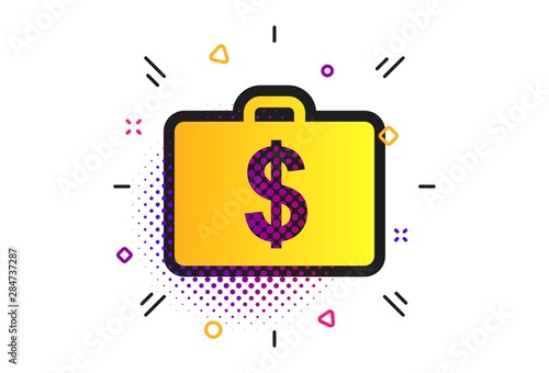 Case with Dollars USD sign icon. Halftone dots pattern. Briefcase button. Classic flat diplomat icon. Vector