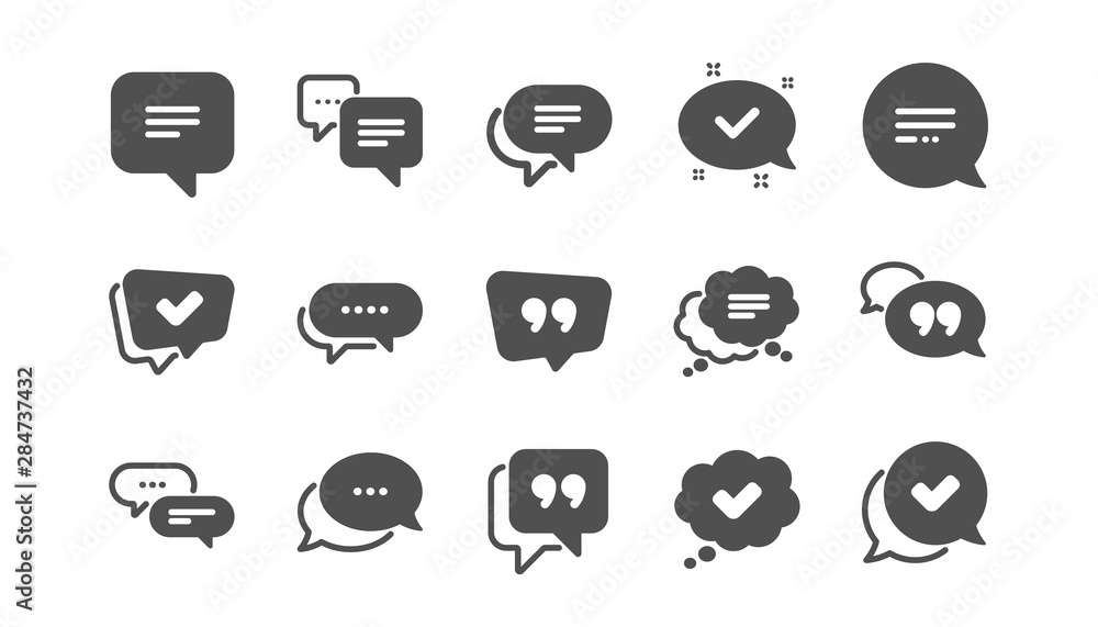 Chat and quote icons. Approved, Checkmark box and Social media message. Chat speech bubble, Tick or check mark, Comment quote icons. Think speech bubble. Classic set. Quality set. Vector Chat and quote icons. Approved, Checkmark box and Social media message. Chat speech bubble, Tick or check mark, Comment quote icons. Think speech bubble. Classic set. Quality set. Vector