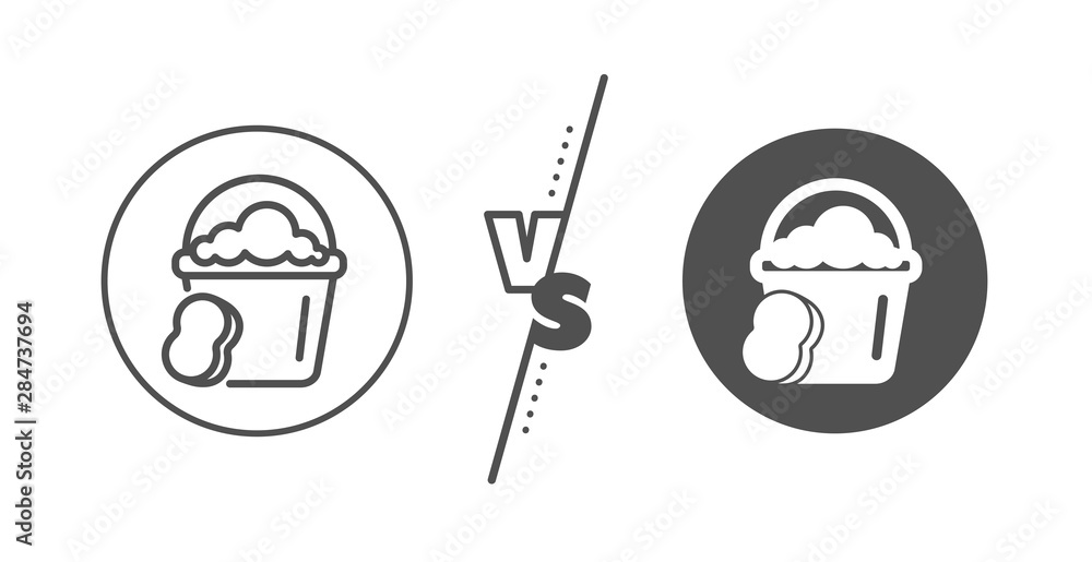 Washing Housekeeping equipment sign. Versus concept. Cleaning bucket with sponge line icon. Line vs classic sponge icon. Vector Washing Housekeeping equipment sign. Versus concept. Cleaning bucket with sponge line icon. Line vs classic sponge icon. Vector