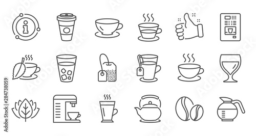 Coffee and Tea line icons. Cappuccino, Teapot and Coffeepot. Coffee beans linear icon set. Quality line set. Vector