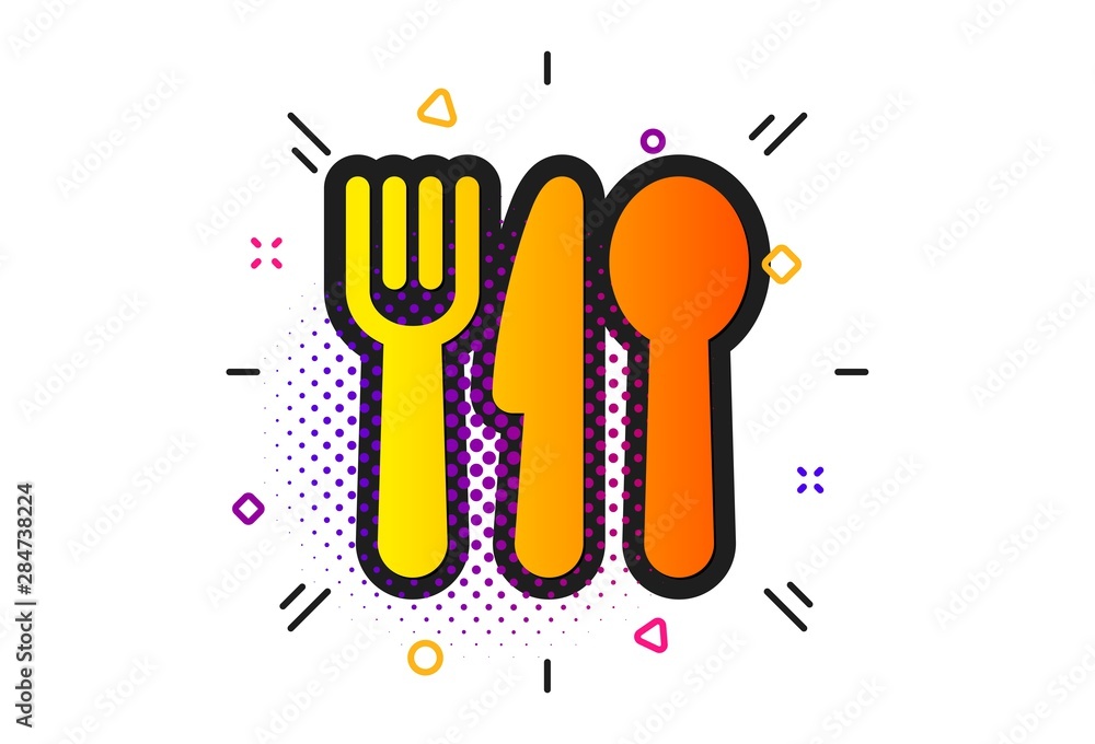 Cutlery sign. Halftone circles pattern. Food icon. Fork, knife, spoon symbol. Classic flat food icon. Vector Cutlery sign. Halftone circles pattern. Food icon. Fork, knife, spoon symbol. Classic flat food icon. Vector