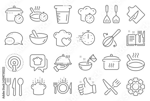 Cooking line icons. Boiling time, Frying pan and Kitchen utensils. Fork, spoon and knife line icons. Recipe book, chef hat and cutting board. Cooking book, frying time, hot pan. Line signs set. Vector