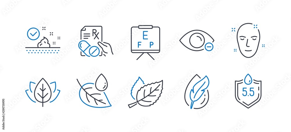 Fototapeta premium Set of Healthcare icons, such as Health skin, Leaf, Organic tested, Skin care, Vision board, Leaf dew, Prescription drugs, Myopia, Hypoallergenic tested, Ph neutral line icons. Vector