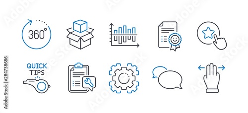 Set of Technology icons, such as 360 degrees, Diagram chart, Messenger, Tutorials, Loyalty star, Seo gear, Packing boxes, Spanner, Smile, Multitasking gesture line icons. Line 360 degrees icon. Vector