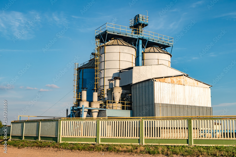 Fototapeta premium silver silos on agro manufacturing plant for processing drying cleaning and storage of agricultural products, flour, cereals and grain with beautiful clouds