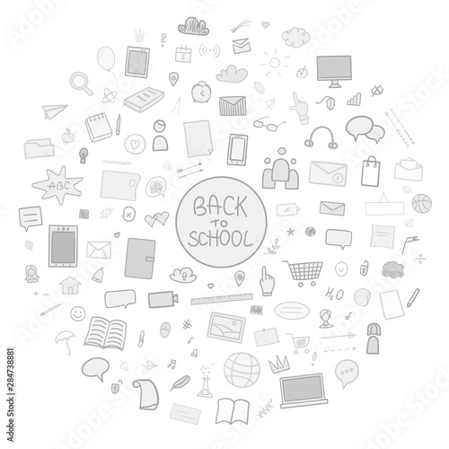Pattern with school supplies. Back to school. Hand drawn infographic elements. Black and white illustration