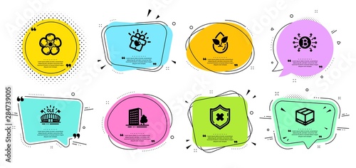 Love gift, Organic product and Natural linen line icons set. Chat bubbles with quotes. Delivery box, Sports arena and Buildings signs. Bitcoin system, Reject protection symbols. Vector