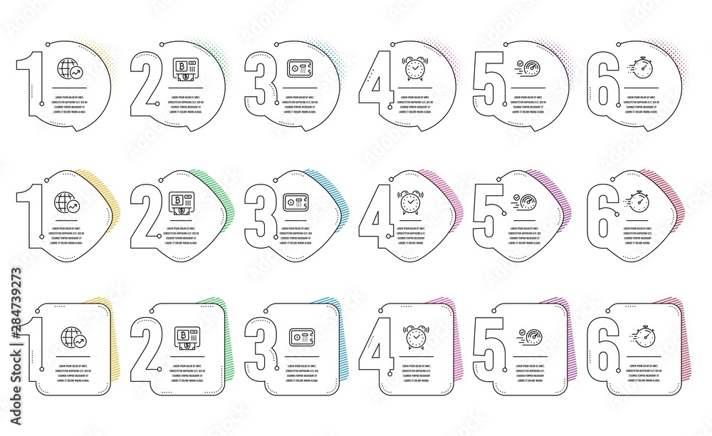 Speedometer, Safe box and Timer line icons set. Infographic timeline