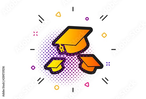 Education sign. Halftone circles pattern. Graduation caps icon. Student hat symbol. Classic flat throw hats icon. Vector