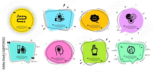 Click hand, Refresh like and Smile chat line icons set. Chat bubbles with quotes. Journey path, Idea head and Medical analyzes signs. Chemistry lab, Like symbols. Vector