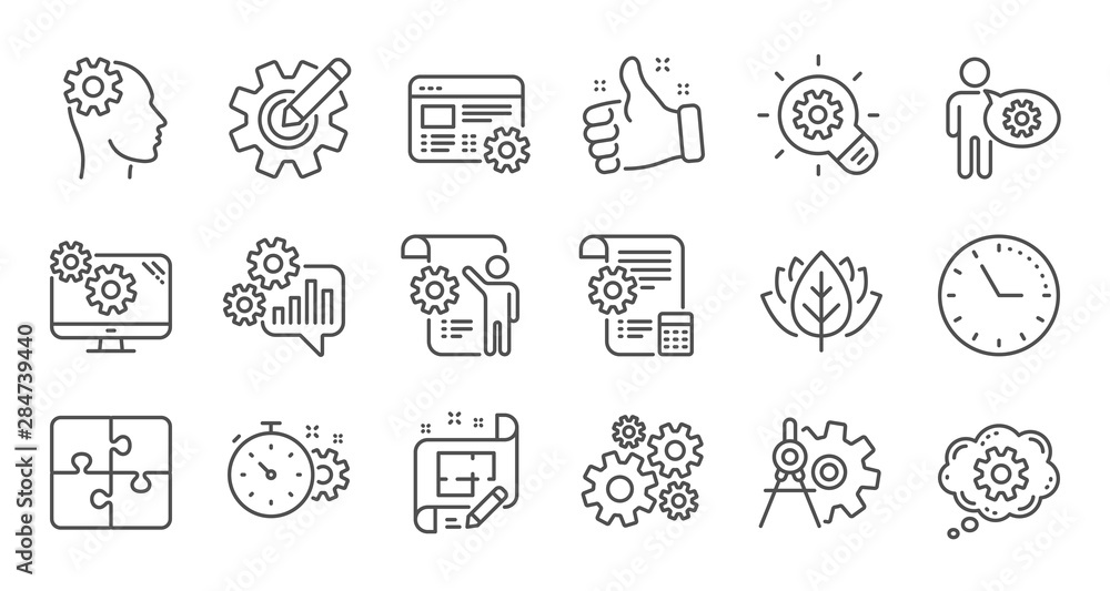 Engineering line icons. Puzzle, Dividers tool and Architect plan. Engineer linear icon set. Quality line set. Vector - obrazy, fototapety, plakaty 