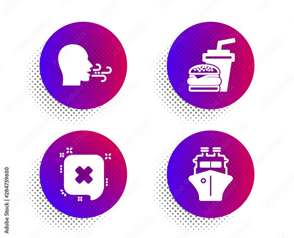 Hamburger, Reject and Breathing exercise icons simple set. Halftone dots button. Ship sign. Burger with drink, Delete message, Breath. Shipping watercraft. Business set. Vector Hamburger, Reject and Breathing exercise icons simple set. Halftone dots button. Ship sign. Burger with drink, Delete message, Breath. Shipping watercraft. Business set. Vector