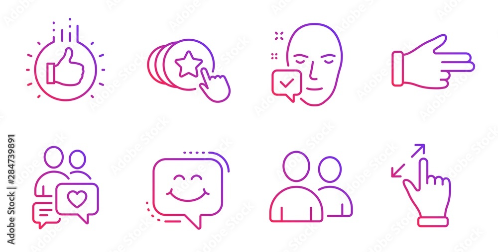 Smile chat, Users and Dating chat line icons set. Click hand, Hold heart and Face accepted signs. Like hand, Touchscreen gesture symbols. Happy face, Couple of people. People set. Vector Smile chat, Users and Dating chat line icons set. Click hand, Hold heart and Face accepted signs. Like hand, Touchscreen gesture symbols. Happy face, Couple of people. People set. Vector