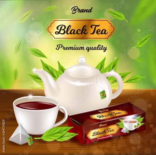 Black Tea Promo Banner, Pot, Cup with Beverage