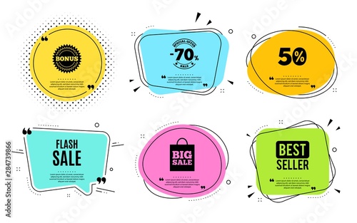 Flash Sale. Best seller, quote text. Special offer price sign. Advertising Discounts symbol. Quotation bubble. Banner badge, texting quote boxes. Flash sale text. Coupon offer. Vector