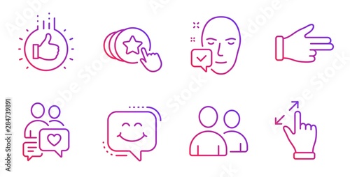 Smile chat, Users and Dating chat line icons set. Click hand, Hold heart and Face accepted signs. Like hand, Touchscreen gesture symbols. Happy face, Couple of people. People set. Vector