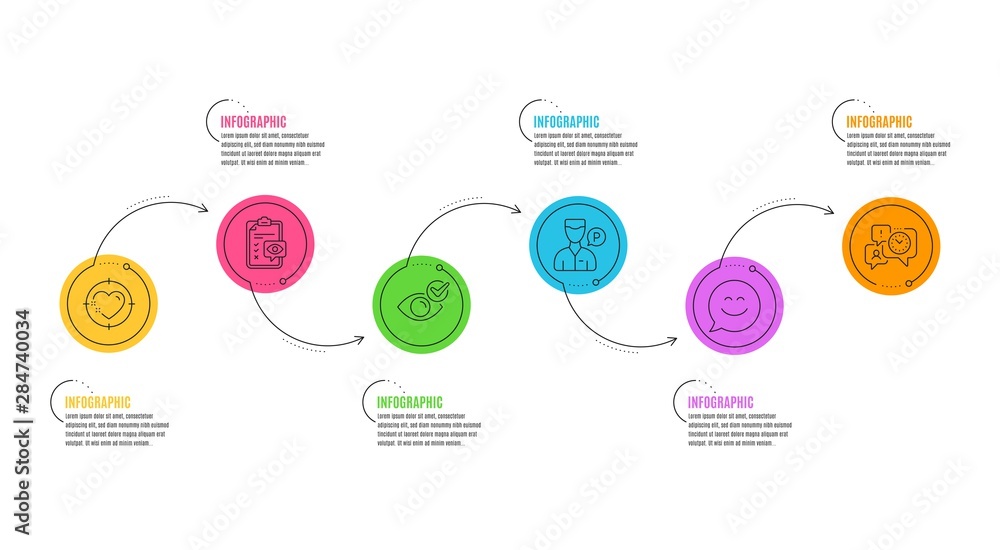 Check eye, Smile chat and Time management signs. Infographics timeline. Eye checklist, Valet servant and Heart target line icons set. Optometry, Parking man, Love aim. Vision. People set. Vector Check eye, Smile chat and Time management signs. Infographics timeline. Eye checklist, Valet servant and Heart target line icons set. Optometry, Parking man, Love aim. Vision. People set. Vector