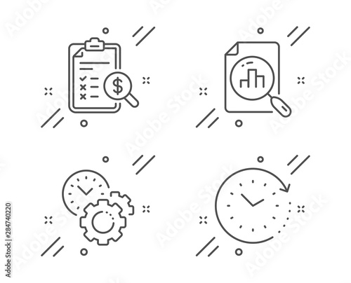 Time management, Analytics graph and Accounting report line icons set. Time change sign. Settings, Chart report, Check finance. Clock. Education set. Line time management outline icon. Vector
