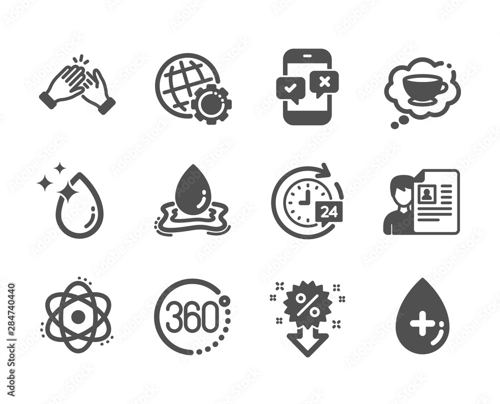 Set of Business icons, such as Clapping hands, Globe, Discount, Job interview, Water splash, Atom, Water drop, Coffee cup, Oil serum, 24h delivery, Phone survey, 360 degrees classic icons. Vector Set of Business icons, such as Clapping hands, Globe, Discount, Job interview, Water splash, Atom, Water drop, Coffee cup, Oil serum, 24h delivery, Phone survey, 360 degrees classic icons. Vector