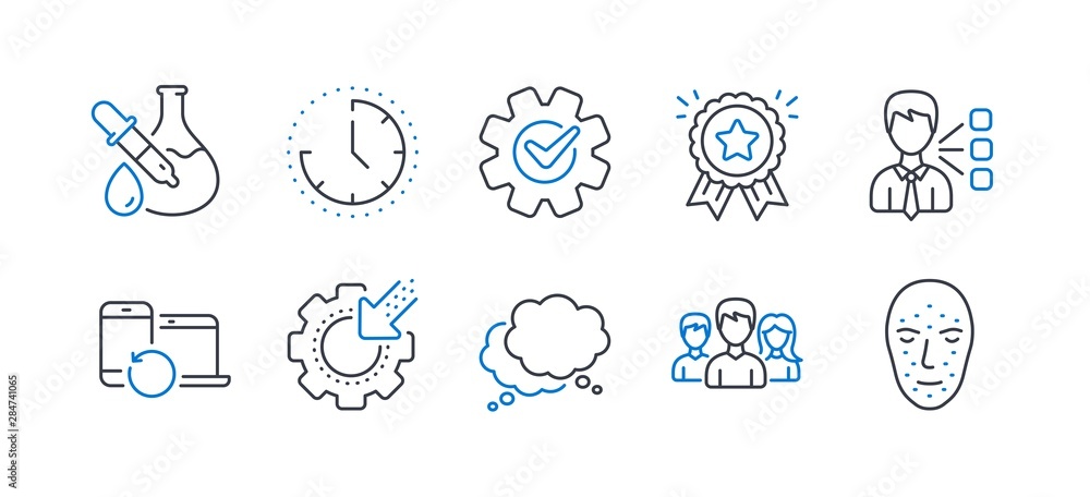 Set of Business icons, such as Recovery devices, Seo gear, Speech bubble, Chemistry experiment, Loyalty award, Cogwheel, Third party, Teamwork, Time, Face biometrics line icons. Vector Set of Business icons, such as Recovery devices, Seo gear, Speech bubble, Chemistry experiment, Loyalty award, Cogwheel, Third party, Teamwork, Time, Face biometrics line icons. Vector