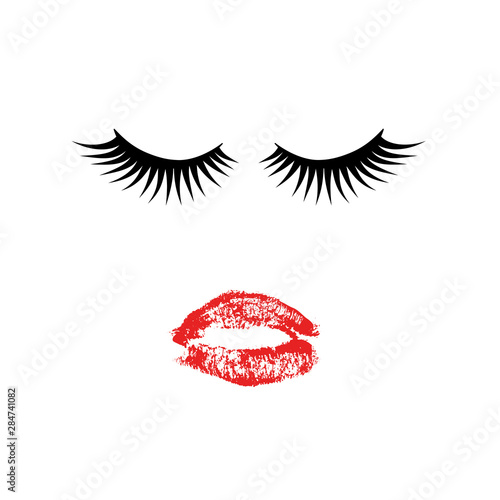 Eyelashes and red lipstick kiss. Lashes and lips isolated on white. Vector illustration. Easy to edit template for beauty salons, makeup and brow artists, eyelash extension service, etc.