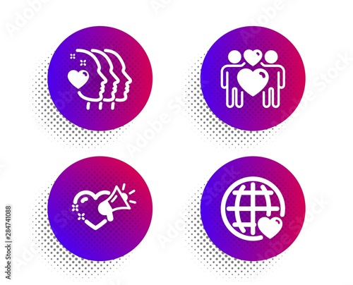 Love couple, Friends couple and Love message icons simple set. Halftone dots button. Lovers, Friendship, Heart. Internet dating. Love set. Classic flat love couple icon. Vector