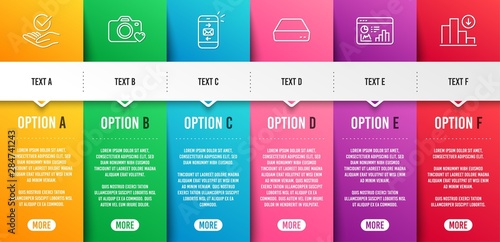 Approved, Photo camera and Seo statistics line icons set. Infographic timeline. Mail, Mini pc and Decreasing graph signs. Verified symbol, Love photos, Analytics chart. Vector
