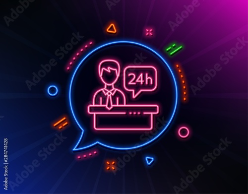 Reception desk line icon. Neon laser lights. 24 hour help sign. Hotel service symbol. Glow laser speech bubble. Neon lights chat bubble. Banner badge with reception desk icon. Vector