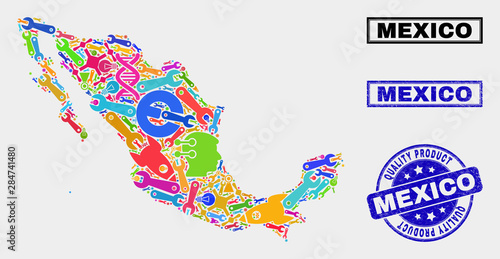 Vector collage of service Mexico map and blue watermark for quality product. Mexico map collage constructed with equipment, wrenches, production icons.