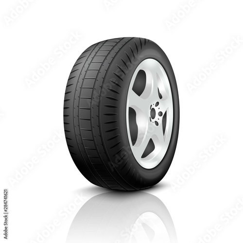 Vector 3d Realistic Render Car Wheel Icon Closeup Isolated on White Background. Design Template of New Tires with Alloy Rims Front and Side View