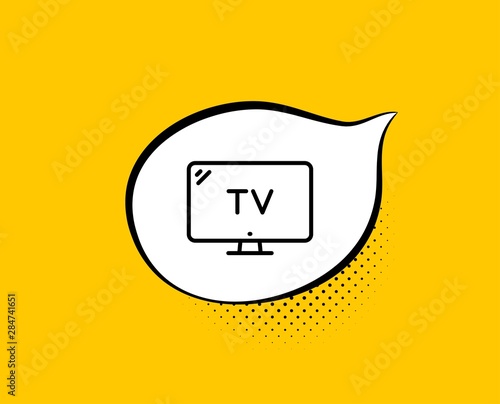 TV line icon. Comic speech bubble. Television sign. Hotel service symbol. Yellow background with chat bubble. Tv icon. Colorful banner. Vector