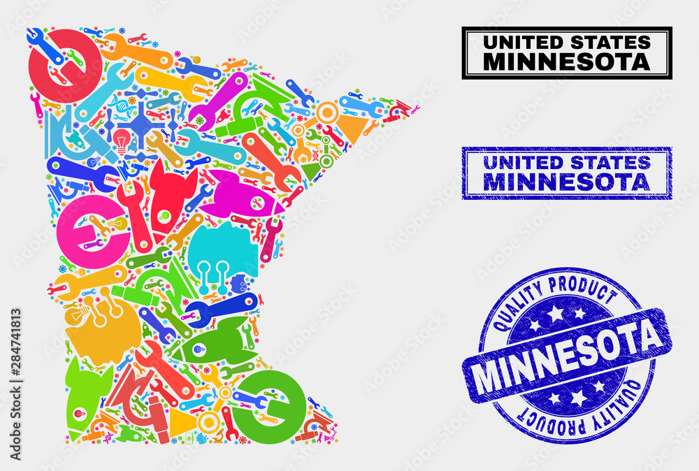 Vector collage of service Minnesota State map and blue seal stamp for quality product. Minnesota State map collage designed with tools, wrenches, industry symbols.