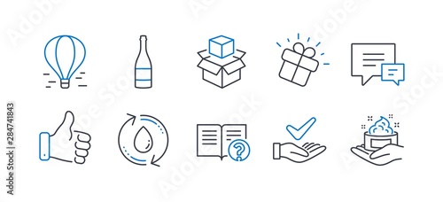 Set of Business icons, such as Refill water, Like hand, Champagne bottle, Comment, Packing boxes, Help, Air balloon, Gift, Dermatologically tested, Skin care line icons. Line refill water icon. Vector photo