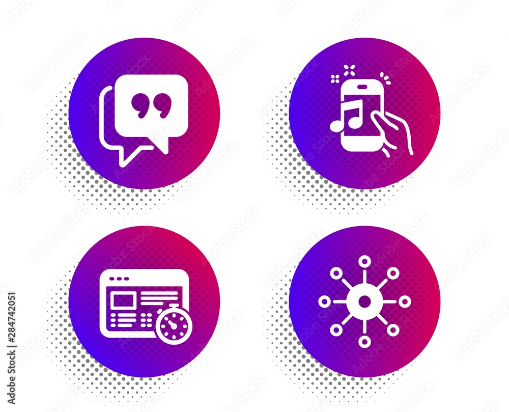 Quote bubble, Music phone and Web timer icons simple set. Halftone dots button. Multichannel sign. Chat comment, Radio sound, Online test. Multitasking. Technology set. Vector Quote bubble, Music phone and Web timer icons simple set. Halftone dots button. Multichannel sign. Chat comment, Radio sound, Online test. Multitasking. Technology set. Vector