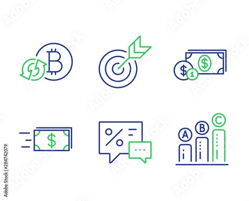Discounts, Target and Dollar money line icons set. Money transfer, Refresh bitcoin and Graph chart signs. Best offer, Targeting, Cash with coins. Cash delivery. Finance set. Vector