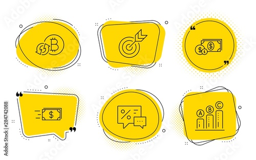 Money transfer, Refresh bitcoin and Graph chart signs. Chat bubbles. Discounts, Target and Dollar money line icons set. Best offer, Targeting, Cash with coins. Cash delivery. Finance set. Vector