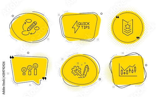 Keywords, Customer satisfaction and Financial diagram signs. Chat bubbles. Shoulder strap, Engineering and Quickstart guide line icons set. Star rank, Construction, Lightning symbol. Vector