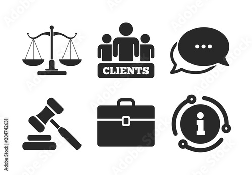 Group of clients symbol. Chat, info sign. Scales of Justice icon. Auction hammer sign. Law judge gavel. Court of law. Classic style speech bubble icon. Vector