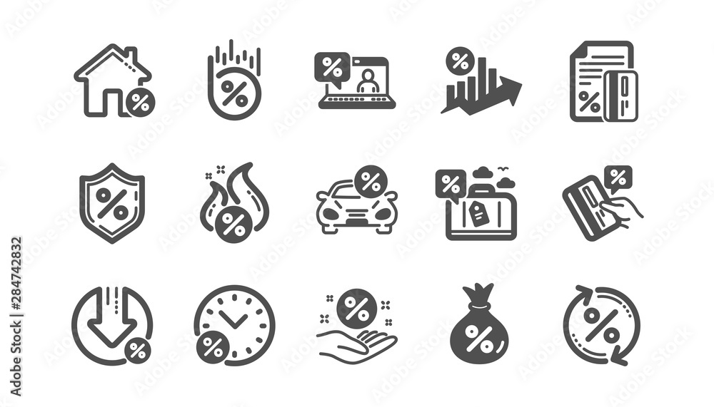 Loan icons. Investment, Interest rate and Percentage diagram. Car leasing classic icon set. Quality set. Vector