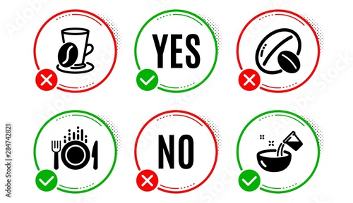 Food, Coffee cup and Soy nut icons simple set. Yes no check box. Cooking water sign. Cutlery, Latte drink, Vegetarian food. Glass. Food and drink set. Food icon. Check mark. Vector
