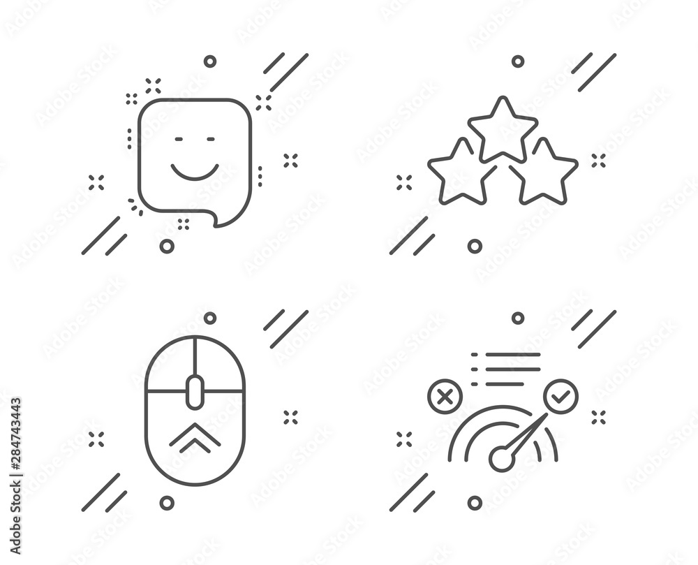 Ranking stars, Smile and Swipe up line icons set. Correct answer sign. Winner award, Positive feedback, Scrolling page. Approved. Technology set. Line ranking stars outline icon. Vector