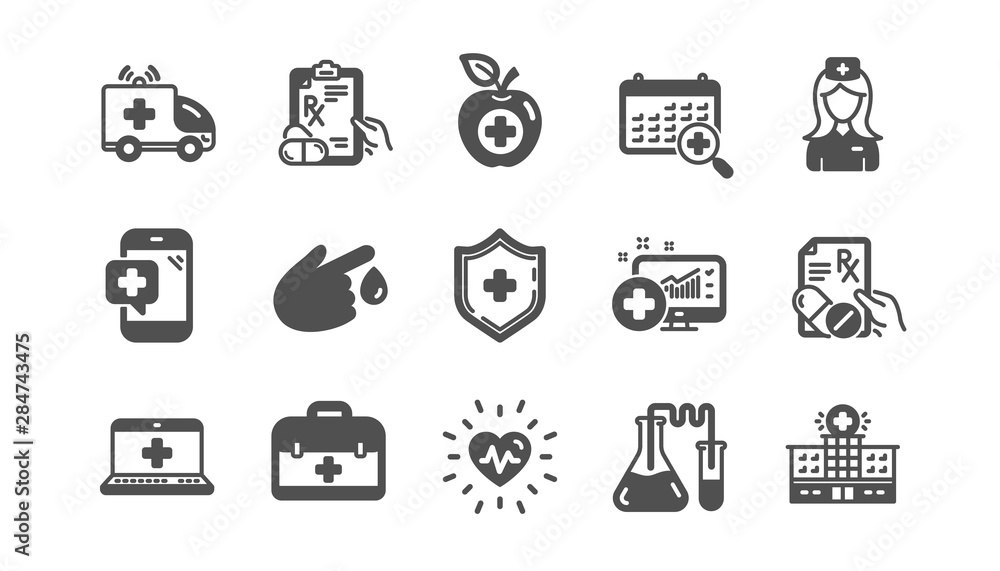 Medical icons. Hospital assistance, Health food diet and Laboratory. Chemistry classic icon set. Quality set. Vector Medical icons. Hospital assistance, Health food diet and Laboratory. Chemistry classic icon set. Quality set. Vector