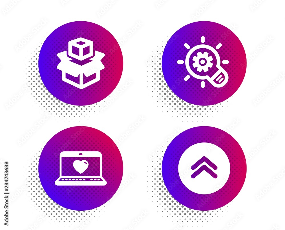 Web love, Cogwheel and Packing boxes icons simple set. Halftone dots button. Swipe up sign. Social network, Idea bulb, Delivery package. Scroll screen. Technology set. Vector