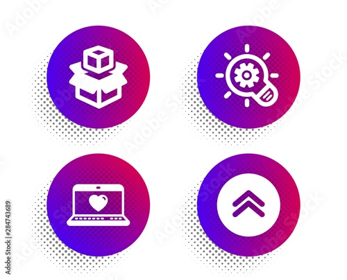 Web love, Cogwheel and Packing boxes icons simple set. Halftone dots button. Swipe up sign. Social network, Idea bulb, Delivery package. Scroll screen. Technology set. Vector