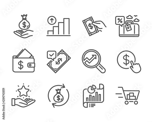 Set of Finance icons, such as Buy currency, Report document, Pay money, Graph chart, Loyalty program, Accepted payment, Income money, Travel loan, Wallet, Analytics, Shopping cart. Vector