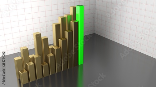 Bar chart brass and green - 3D rendering illustration