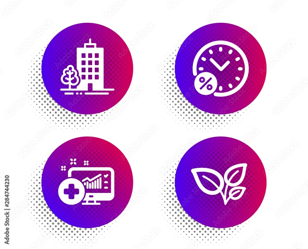Skyscraper buildings, Loan percent and Medical analytics icons simple set. Halftone dots button. Leaves sign. Town architecture, Discount, Medicine system. Grow plant. Business set. Vector